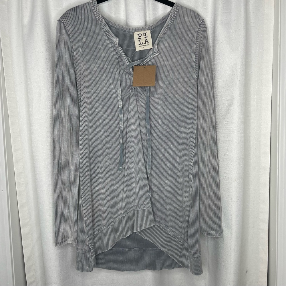 PPLA Light Gray Ribbed Lace-Up Long Sleeve Top NWT